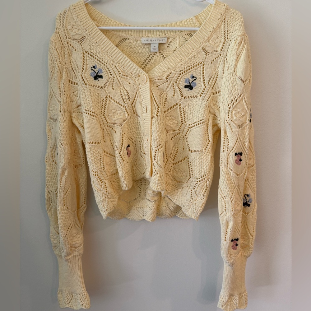 Chelsea & Violet Pale Yellow Crochet Cardigan with Floral Embroidery